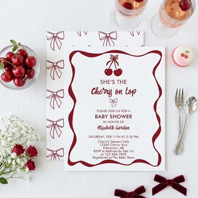 Cherry Baby Shower Sweet Pink Stripes Cute Bow Invitation (Creator Uploaded)