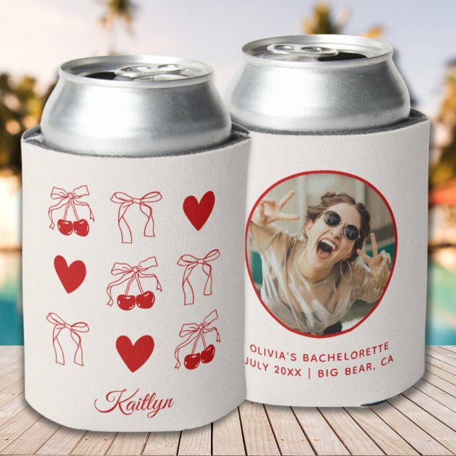 Cherry Bachelorette Coquette Bow Hearts Can Cooler (Cherry Coquette Red Heart Bachelorette Party Favor)