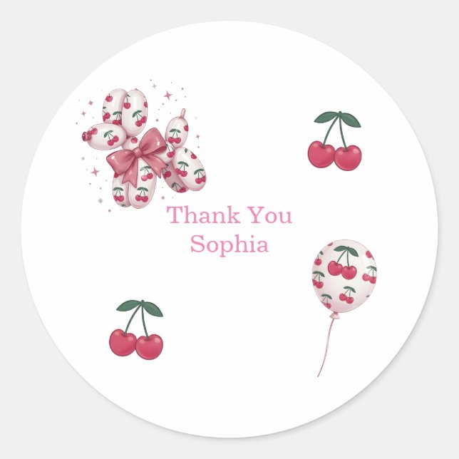 Cherry Balloon Dog Birthday Thank You Sticker (Front)