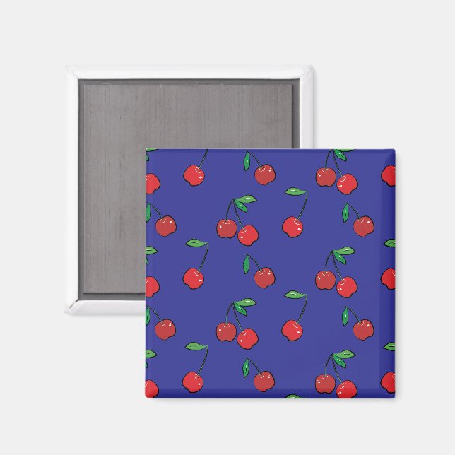 Cherry Berries Red Pattern Modern Retro Blue Fun Magnet (Front/Back)