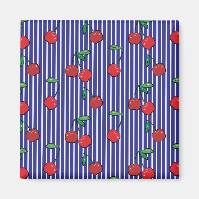 Cherry Berries Red Pattern Modern Retro Blue Fun Magnet (Front)