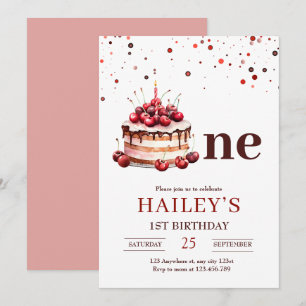 Cherry Birthday Cake Kids Minimalist 1st Birthday Invitation