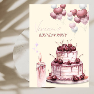 Cherry Birthday Cake Ladies Birthday Party Invitation