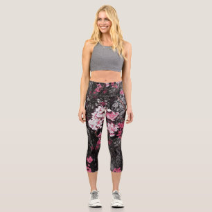Cherry Blooms in Black White and Pink Capri Leggings