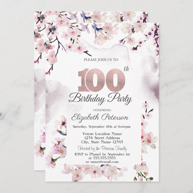 Cherry Blossom 100th Birthday  Invitation (Front/Back)