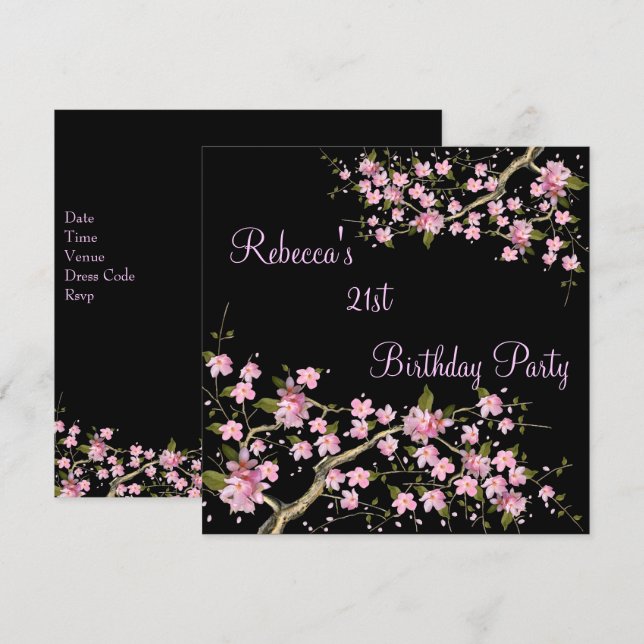 Cherry Blossom 21st Elegant Birthday Party Black Invitation (Front/Back)