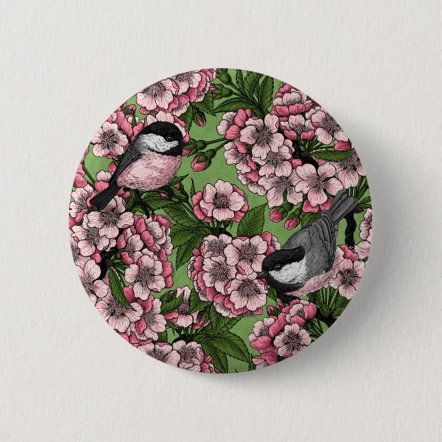 Cherry blossom and chickadees on green 6 cm round badge (Front)