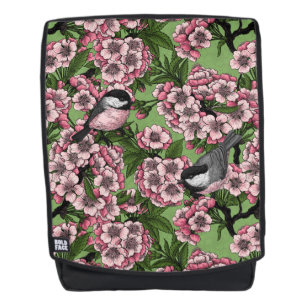 Cherry blossom and chickadees on green backpack