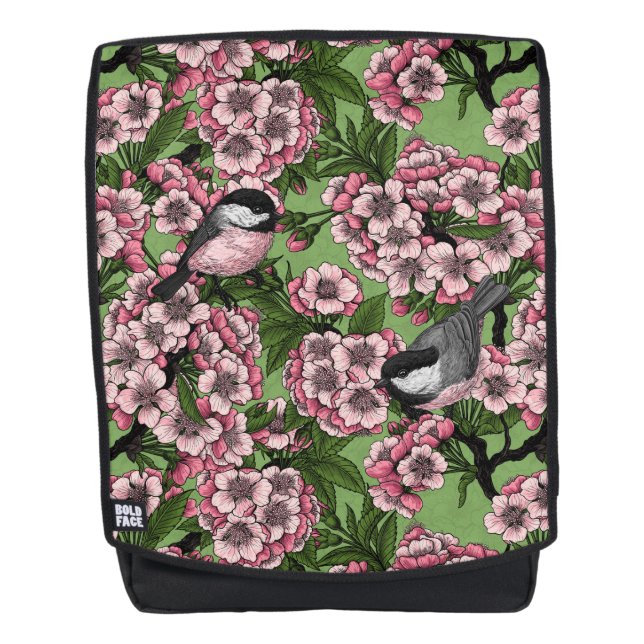 Cherry blossom and chickadees on green backpack (Front)