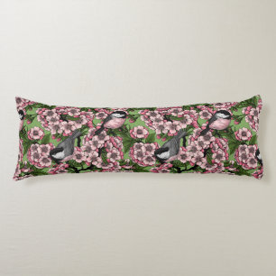 Cherry blossom and chickadees on green body cushion