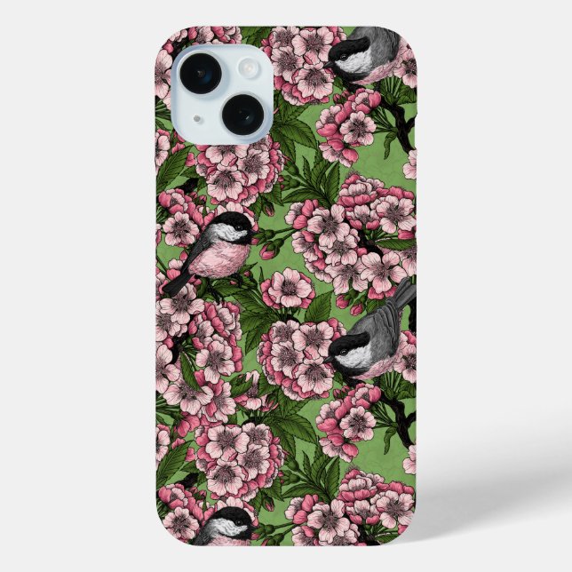 Cherry blossom and chickadees on green Case-Mate iPhone case (Back)