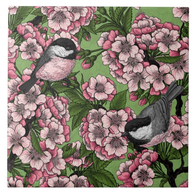 Cherry blossom and chickadees on green ceramic tile (Front)