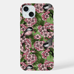 Cherry blossom and chickadees on green iPhone 15 plus case