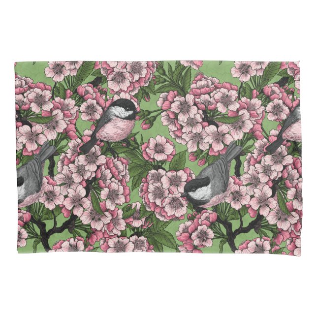Cherry blossom and chickadees on green pillowcase (Front)