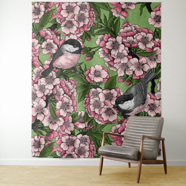 Cherry blossom and chickadees on green tapestry (In Situ)