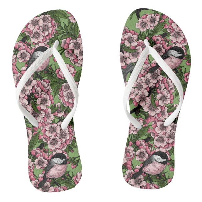 Cherry blossom and chickadees on green thongs (Footbed)