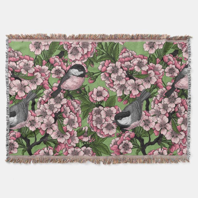 Cherry blossom and chickadees on green throw blanket (Front)