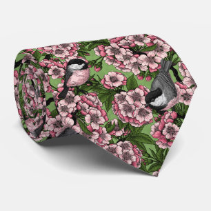 Cherry blossom and chickadees on green tie