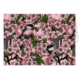 Cherry blossom and chickadees on pink