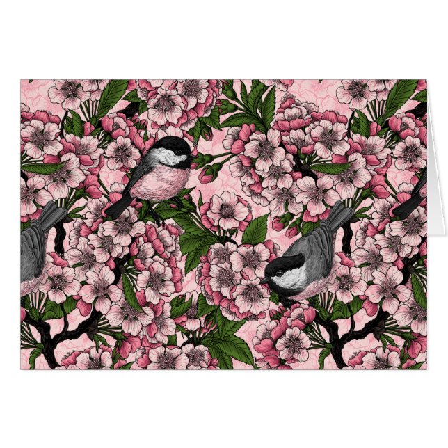 Cherry blossom and chickadees on pink (Front Horizontal)