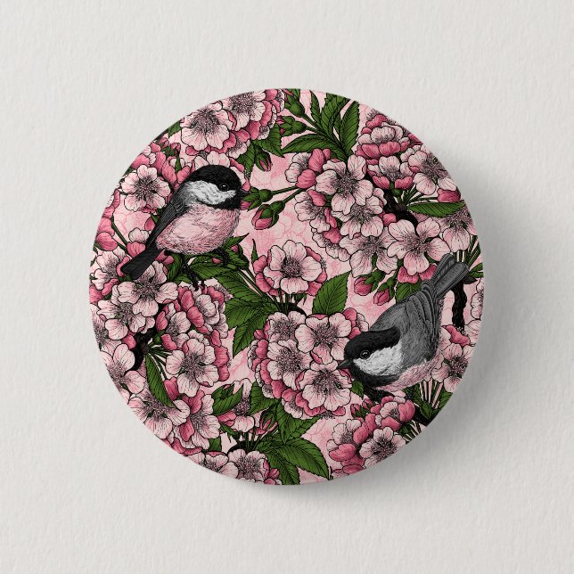 Cherry blossom and chickadees on pink 6 cm round badge (Front)