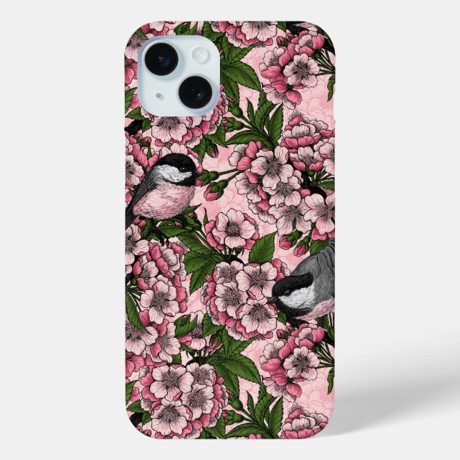 Cherry blossom and chickadees on pink Case-Mate iPhone case (Back)