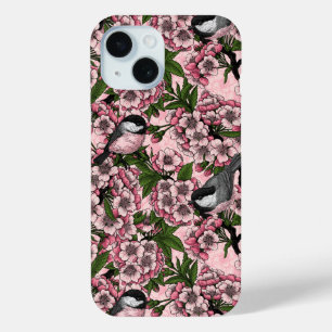 Cherry blossom and chickadees on pink iPhone 15 case