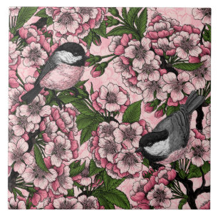 Cherry blossom and chickadees on pink ceramic tile