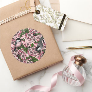 Cherry blossom and chickadees on pink classic round sticker