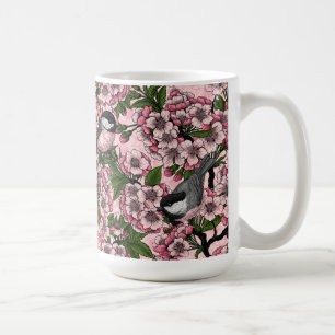 Cherry blossom and chickadees on pink coffee mug