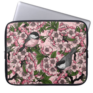 Cherry blossom and chickadees on pink laptop sleeve