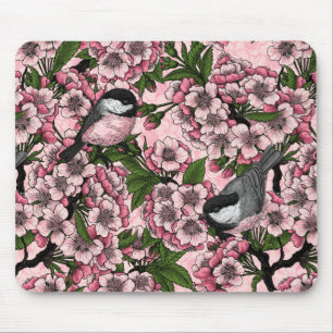 Cherry blossom and chickadees on pink mouse pad