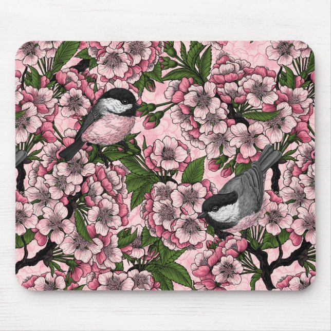 Cherry blossom and chickadees on pink mouse pad (Front)
