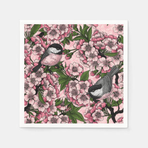 Cherry blossom and chickadees on pink napkin