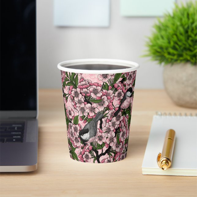 Cherry blossom and chickadees on pink paper cups (Insitu)