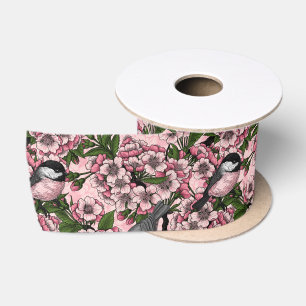 Cherry blossom and chickadees on pink satin ribbon