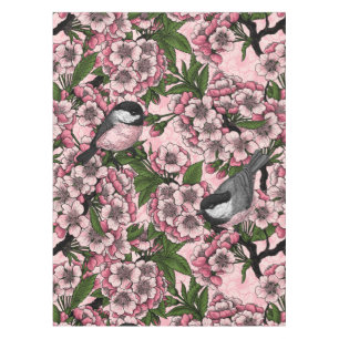 Cherry blossom and chickadees on pink tablecloth