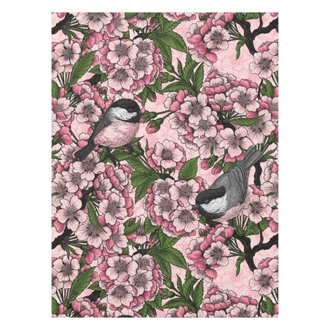 Cherry blossom and chickadees on pink tablecloth (Front)