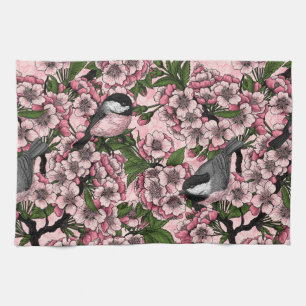 Cherry blossom and chickadees on pink tea towel