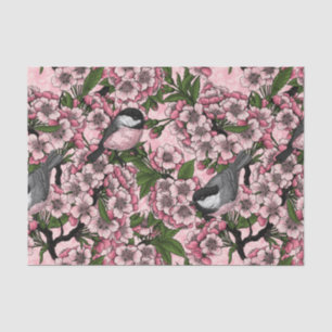 Cherry blossom and chickadees on pink tissue paper