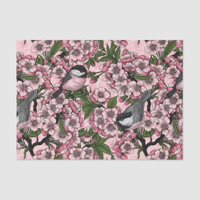 Cherry blossom and chickadees on pink tissue paper (Front)