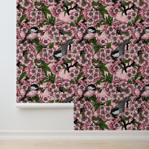 Cherry blossom and chickadees on pink wallpaper