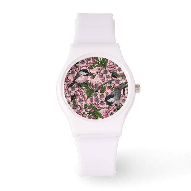 Cherry blossom and chickadees on pink watch (Front)