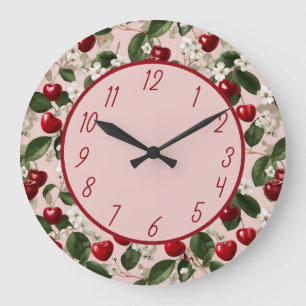 Cherry Blossom and Red Fruit Floral Pattern Design Large Clock