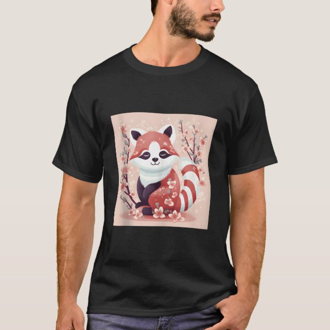 Cherry Blossom And Red Panda Work Beautiful Prints T-Shirt (Front)