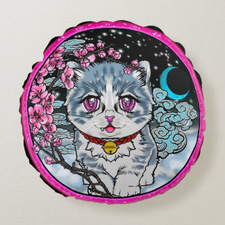 cherry blossom anime snow kitty  round cushion