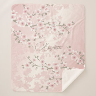 Cherry Blossom Apricot Vintage Floral Monogram Sherpa Blanket