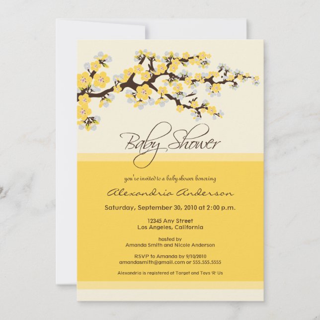 Cherry Blossom Baby Shower Invitation (yellow) (Front)