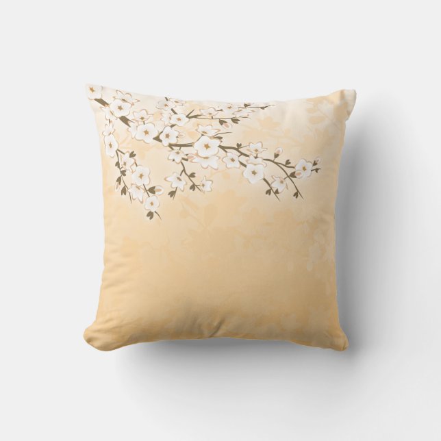Cherry Blossom Beige Cream Asia Floral Cushion (Front)