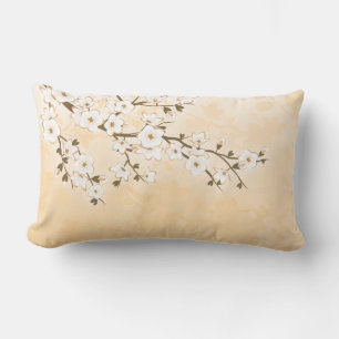 Cherry Blossom Beige Cream Asia Floral Lumbar Cushion